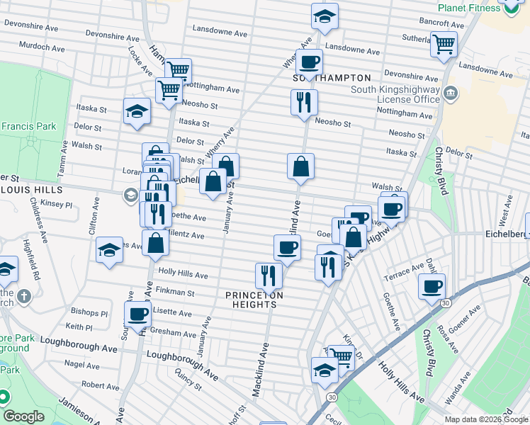 map of restaurants, bars, coffee shops, grocery stores, and more near 5426 Goethe Avenue in St. Louis