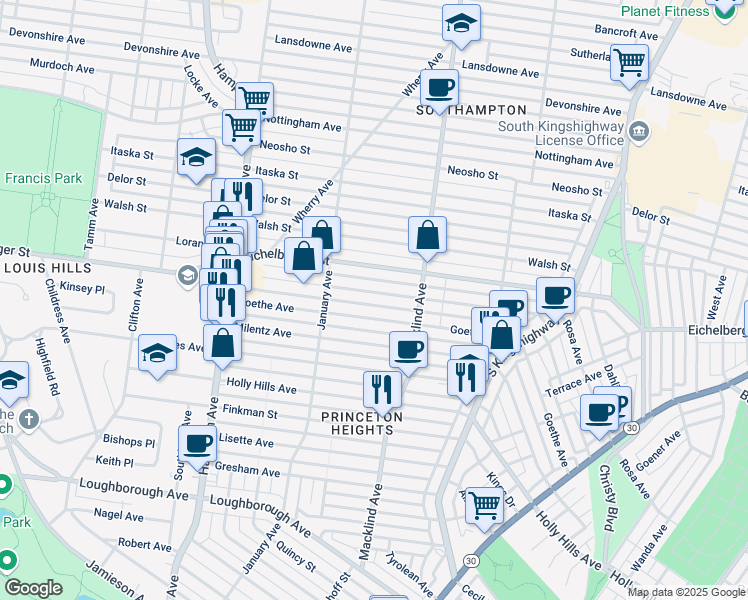 map of restaurants, bars, coffee shops, grocery stores, and more near 5504 Goethe Avenue in St. Louis