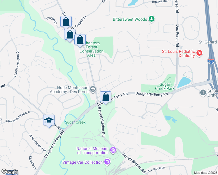 map of restaurants, bars, coffee shops, grocery stores, and more near 2814 Barrett Station Road in Ballwin