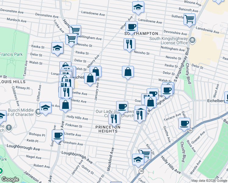 map of restaurants, bars, coffee shops, grocery stores, and more near 5426 Goethe Avenue in St. Louis