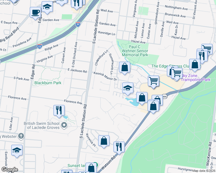 map of restaurants, bars, coffee shops, grocery stores, and more near 7800 Robin Meadow Court in St. Louis