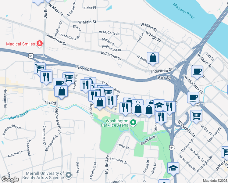 map of restaurants, bars, coffee shops, grocery stores, and more near 608 Waverly Street in Jefferson City