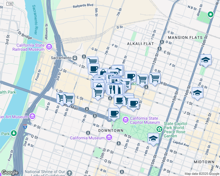 map of restaurants, bars, coffee shops, grocery stores, and more near 831 K Street in Sacramento