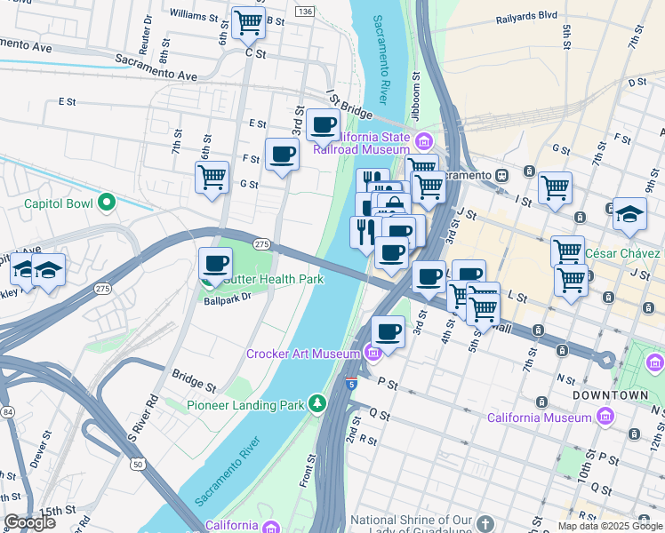 map of restaurants, bars, coffee shops, grocery stores, and more near Tower Bridge Gateway in Sacramento