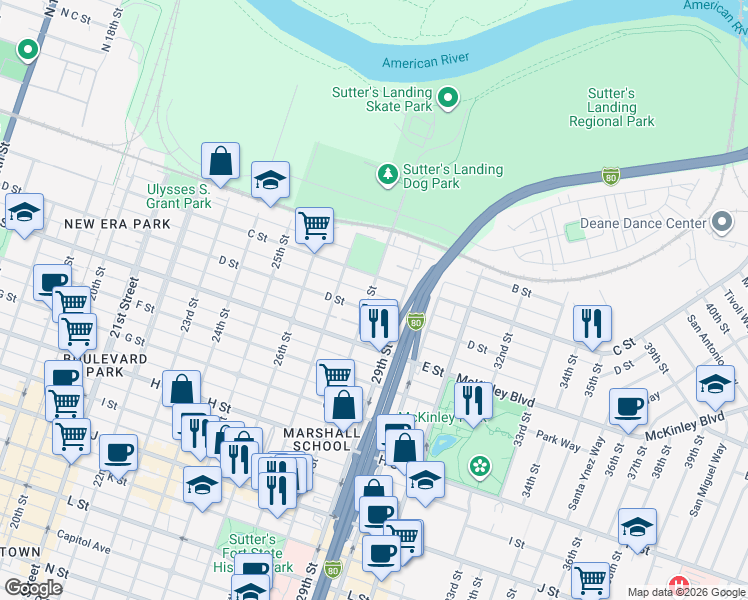 map of restaurants, bars, coffee shops, grocery stores, and more near 400 29th Street in Sacramento