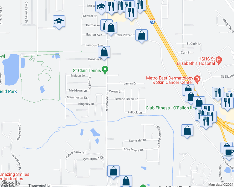 map of restaurants, bars, coffee shops, grocery stores, and more near 1327 Crown Lane in O'Fallon