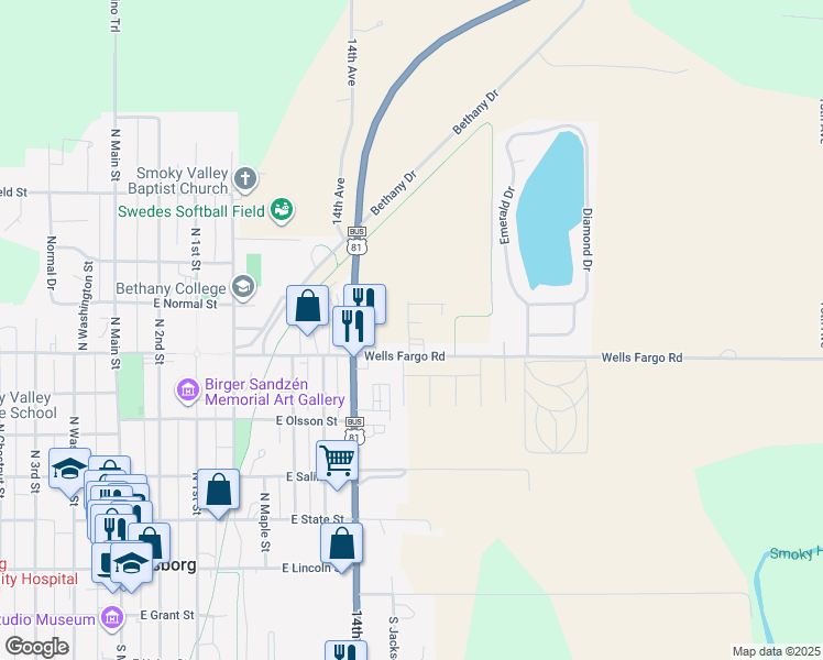 map of restaurants, bars, coffee shops, grocery stores, and more near 601 East Swensson Avenue in Lindsborg