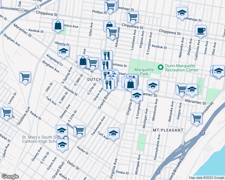 map of restaurants, bars, coffee shops, grocery stores, and more near 4135 South Grand Boulevard in St. Louis