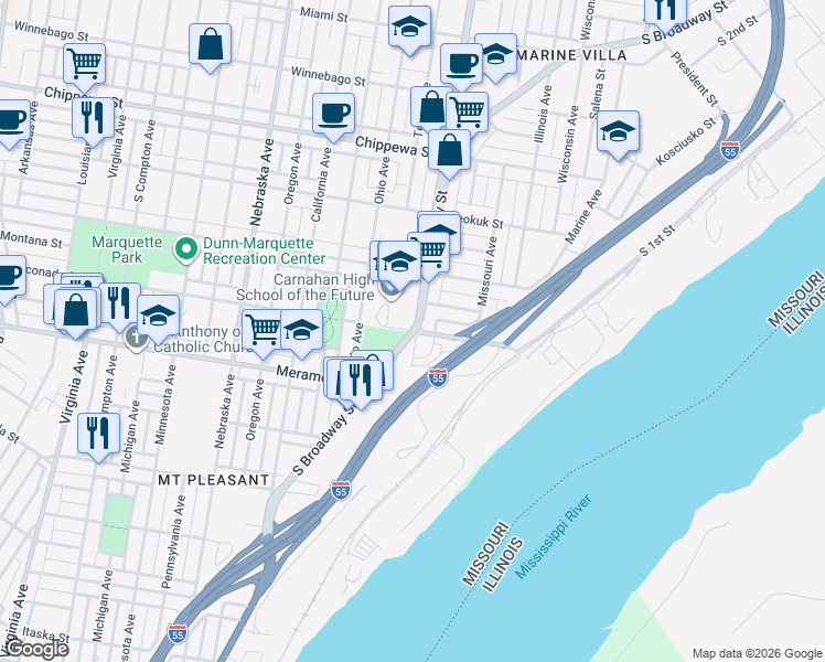 map of restaurants, bars, coffee shops, grocery stores, and more near S Broadway & Gasconade St in St Louis