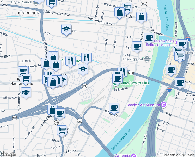map of restaurants, bars, coffee shops, grocery stores, and more near 825 Delta Lane in West Sacramento