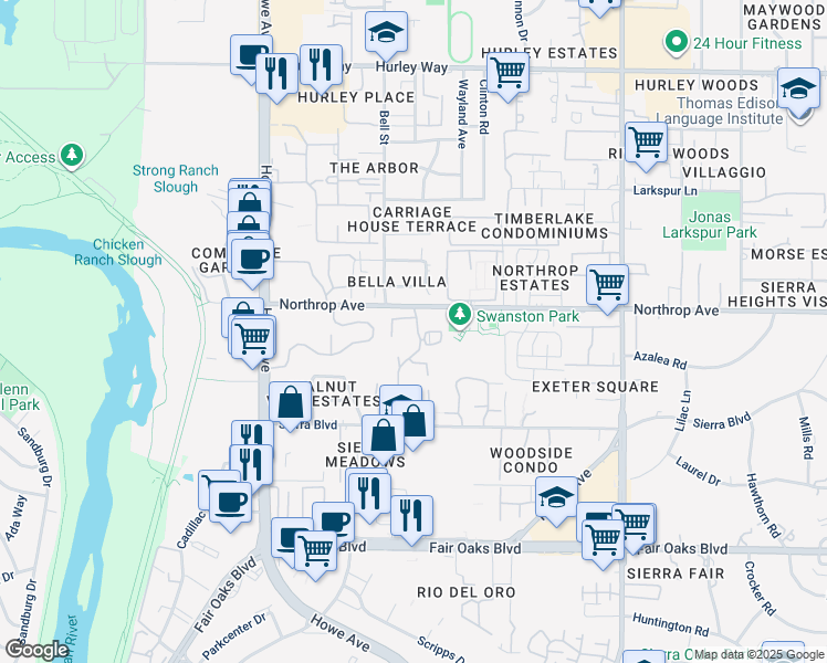 map of restaurants, bars, coffee shops, grocery stores, and more near 899 Woodside Lane East in Sacramento