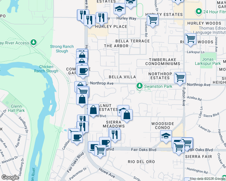 map of restaurants, bars, coffee shops, grocery stores, and more near 2282 Woodside Lane in Sacramento
