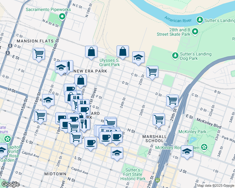 map of restaurants, bars, coffee shops, grocery stores, and more near 417 23rd Street in Sacramento