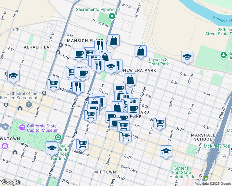 map of restaurants, bars, coffee shops, grocery stores, and more near 603 18th Street in Sacramento
