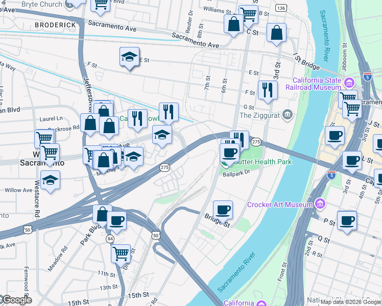 map of restaurants, bars, coffee shops, grocery stores, and more near in West Sacramento