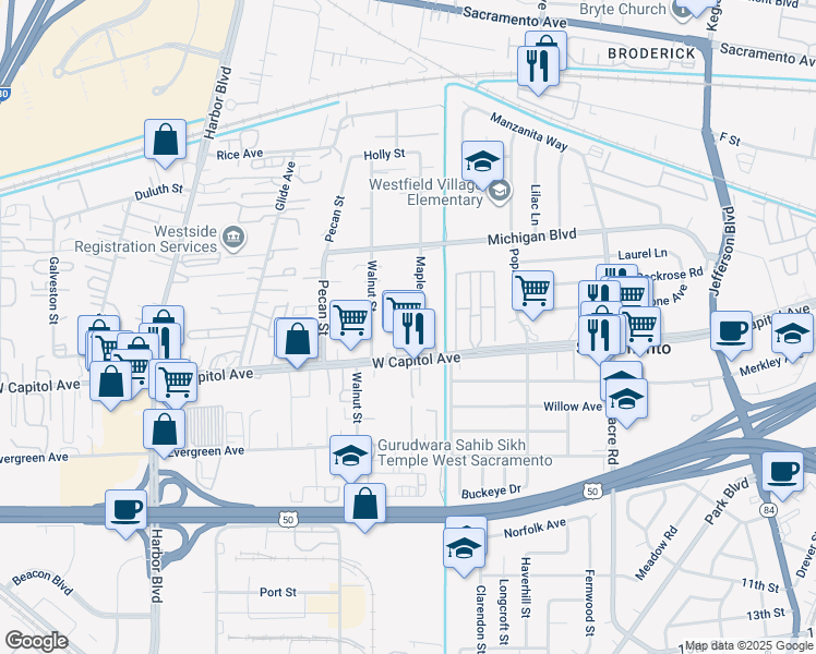 map of restaurants, bars, coffee shops, grocery stores, and more near 701 Cedar Street in West Sacramento