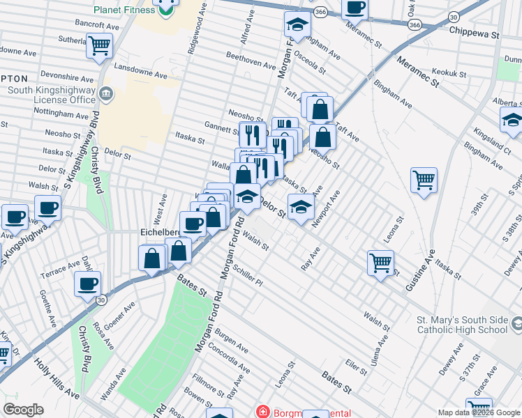 map of restaurants, bars, coffee shops, grocery stores, and more near in St. Louis