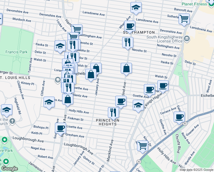 map of restaurants, bars, coffee shops, grocery stores, and more near 5510 Eichelberger Street in St. Louis
