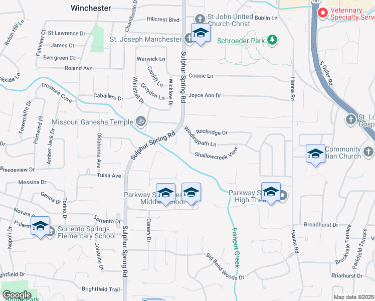 map of restaurants, bars, coffee shops, grocery stores, and more near 706 Winding Path Lane in Ballwin