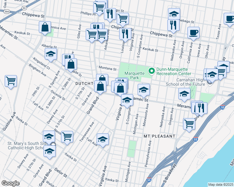 map of restaurants, bars, coffee shops, grocery stores, and more near 3321 Meramec Street in St. Louis