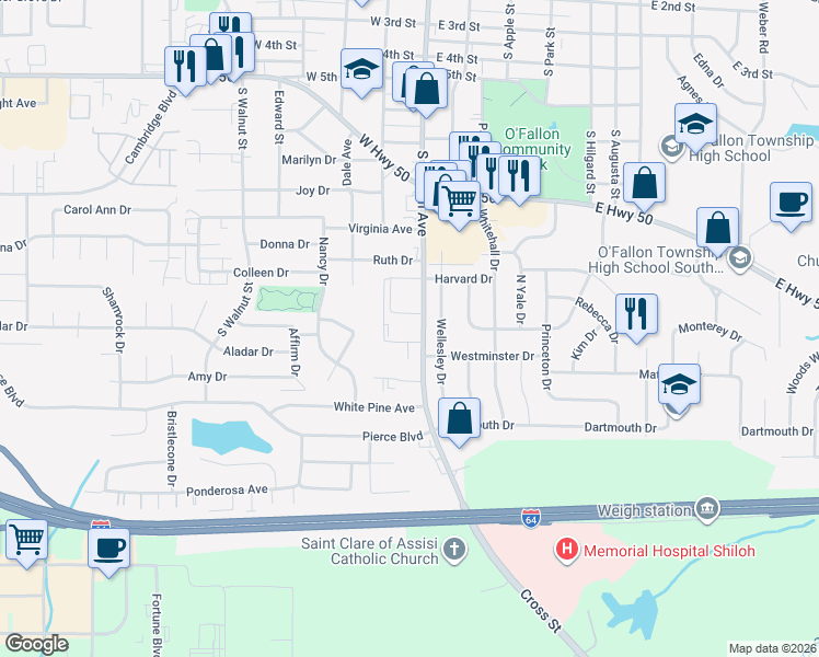 map of restaurants, bars, coffee shops, grocery stores, and more near 1119 South Lincoln Avenue in O'Fallon