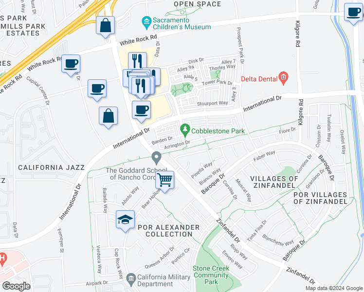 map of restaurants, bars, coffee shops, grocery stores, and more near 10862 Arrington Drive in Rancho Cordova
