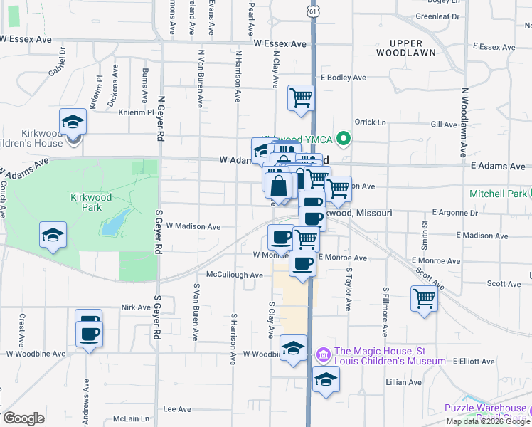 map of restaurants, bars, coffee shops, grocery stores, and more near 213 West Argonne Drive in Kirkwood