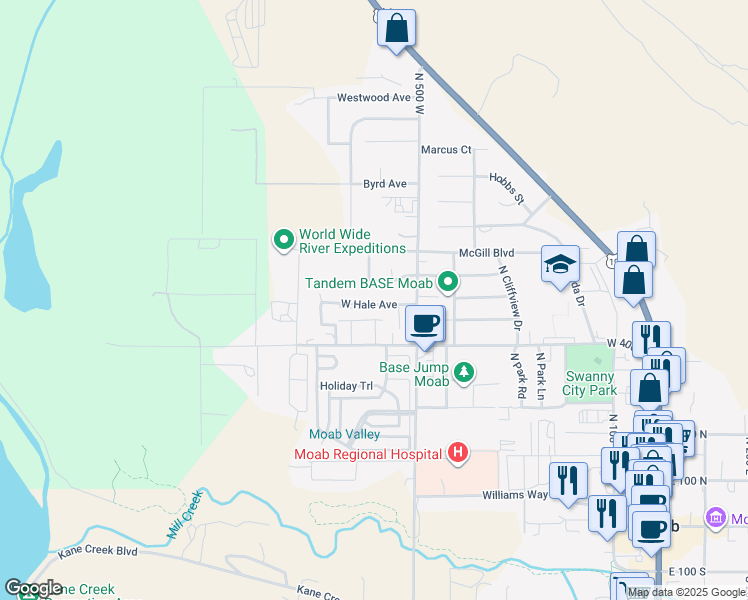 map of restaurants, bars, coffee shops, grocery stores, and more near 592 West Hale Avenue in Moab
