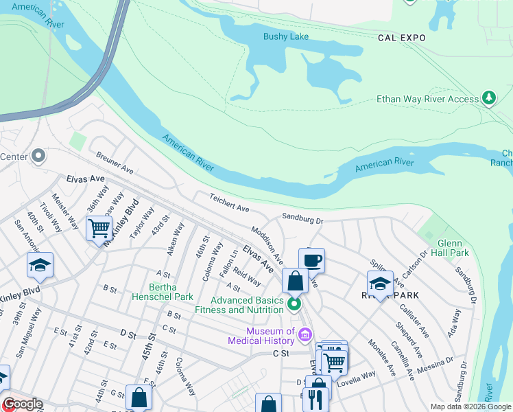 map of restaurants, bars, coffee shops, grocery stores, and more near 5105 Sandburg Drive in Sacramento