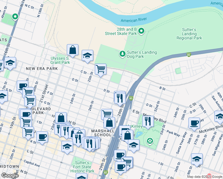 map of restaurants, bars, coffee shops, grocery stores, and more near 307 27th Street in Sacramento