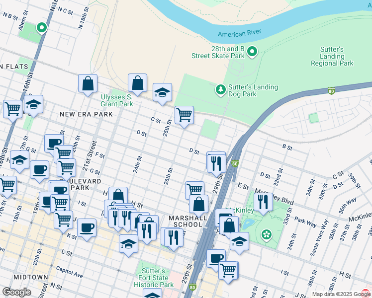 map of restaurants, bars, coffee shops, grocery stores, and more near 317 26th Street in Sacramento