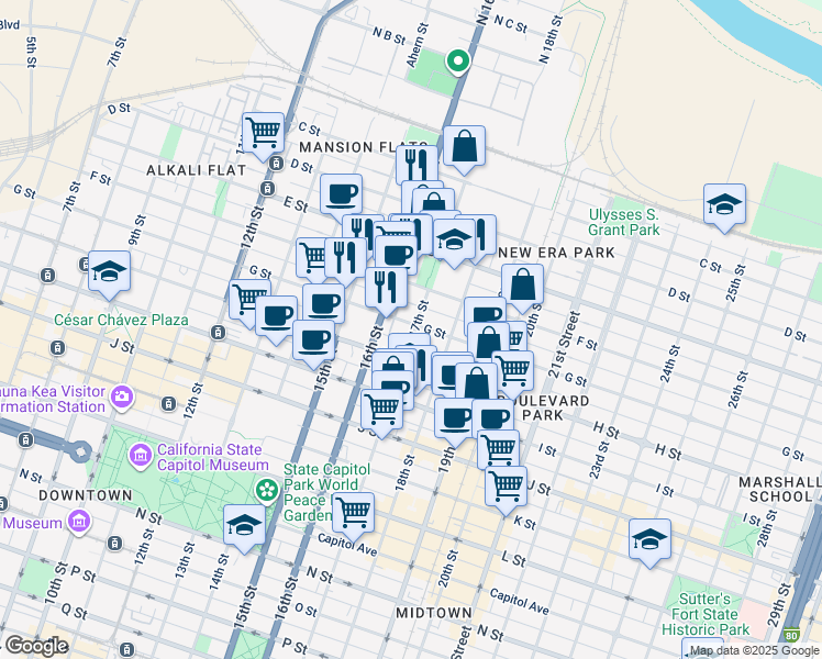 map of restaurants, bars, coffee shops, grocery stores, and more near 617 17th Street in Sacramento