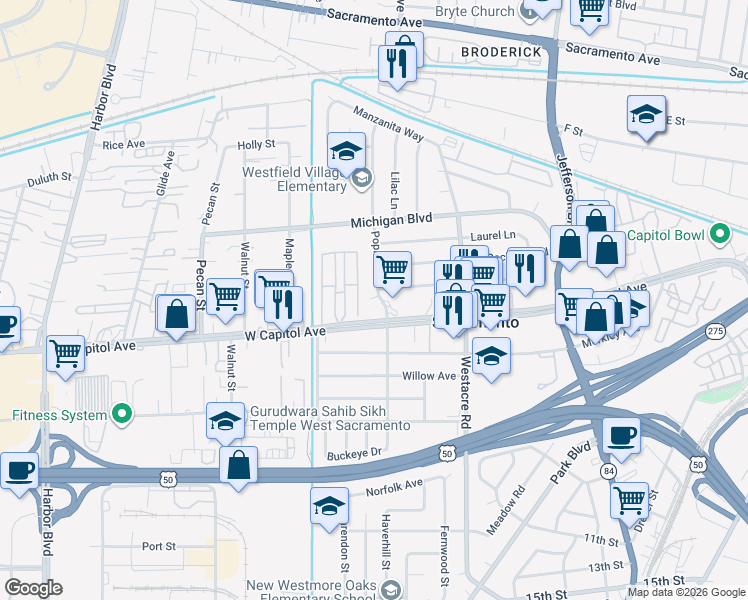 map of restaurants, bars, coffee shops, grocery stores, and more near 618 Poplar Avenue in West Sacramento