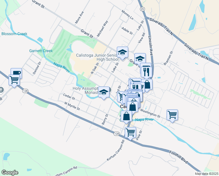 map of restaurants, bars, coffee shops, grocery stores, and more near 1414 Lake Street in Calistoga