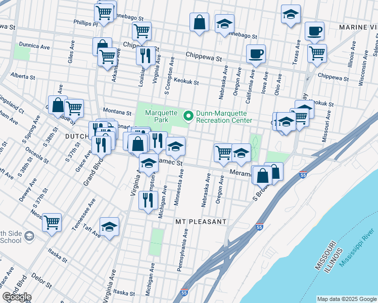 map of restaurants, bars, coffee shops, grocery stores, and more near 4110 Minnesota Avenue in St. Louis