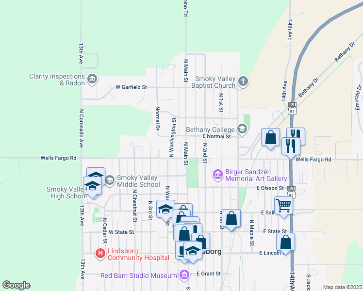 map of restaurants, bars, coffee shops, grocery stores, and more near 204 West Normal Drive in Lindsborg