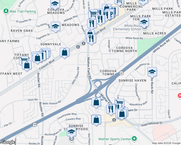 map of restaurants, bars, coffee shops, grocery stores, and more near 3024 Ramsgate Way in Rancho Cordova