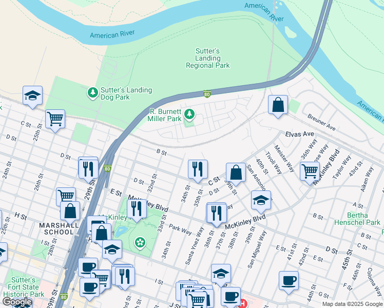 map of restaurants, bars, coffee shops, grocery stores, and more near 3301 C Street in Sacramento
