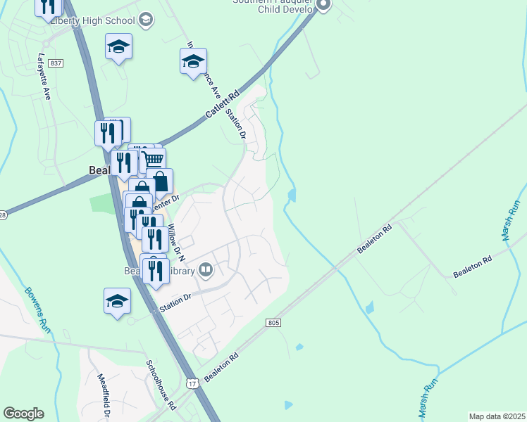 map of restaurants, bars, coffee shops, grocery stores, and more near 10816 King Nobel Lane in Bealeton