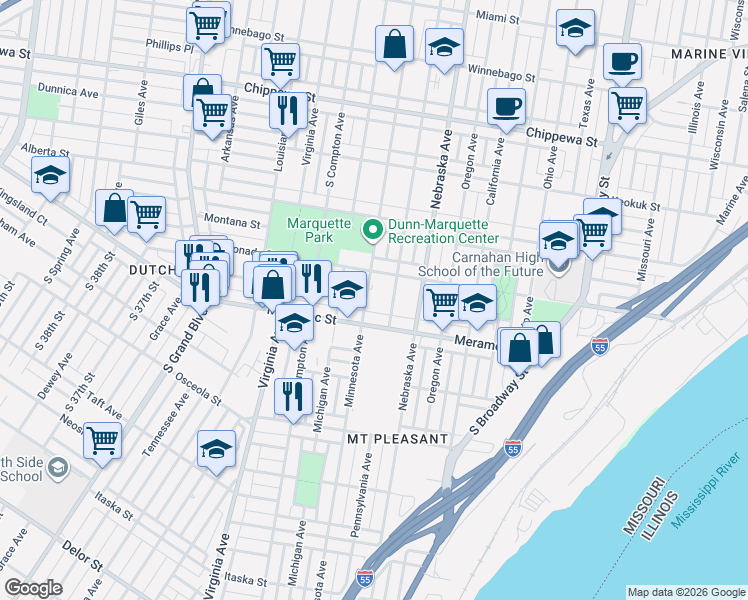 map of restaurants, bars, coffee shops, grocery stores, and more near 4110 Minnesota Avenue in St. Louis