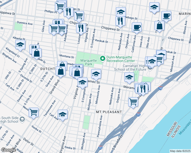 map of restaurants, bars, coffee shops, grocery stores, and more near 4136 Michigan Avenue in St. Louis