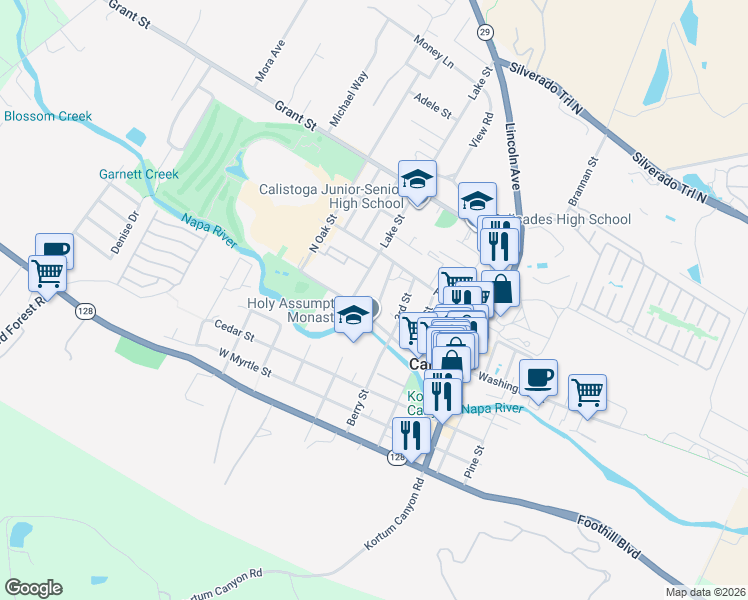 map of restaurants, bars, coffee shops, grocery stores, and more near 1411 4th Street in Calistoga