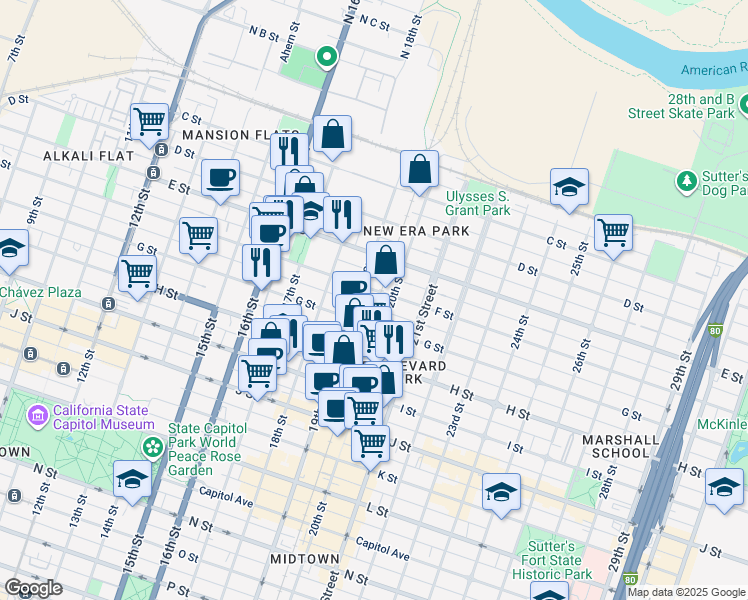 map of restaurants, bars, coffee shops, grocery stores, and more near 1903 F Street in Sacramento