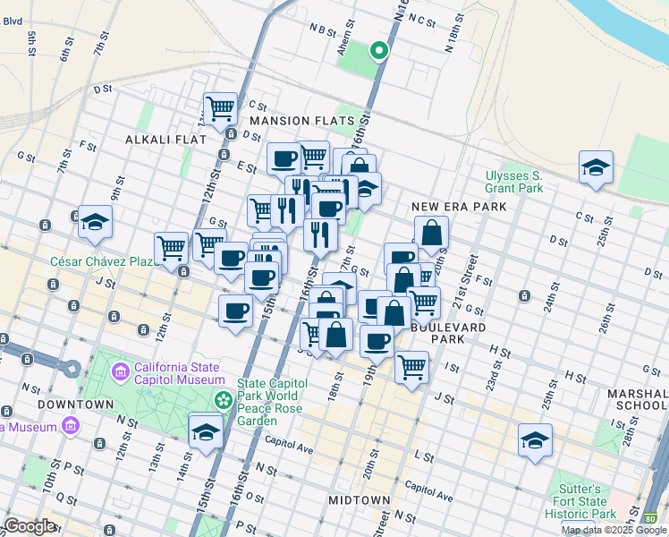 map of restaurants, bars, coffee shops, grocery stores, and more near 631 16th Street in Sacramento