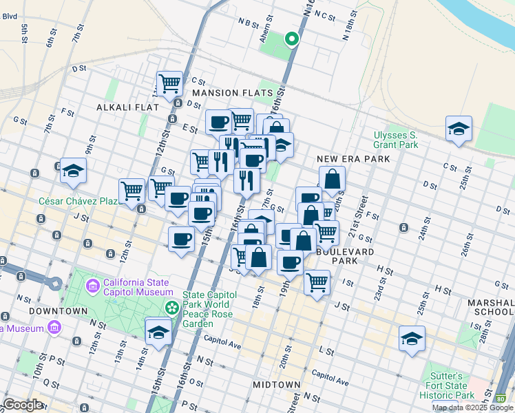 map of restaurants, bars, coffee shops, grocery stores, and more near 1620 G Street in Sacramento