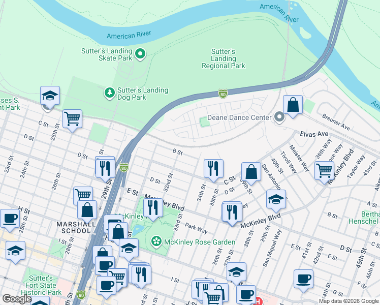 map of restaurants, bars, coffee shops, grocery stores, and more near 3249 B Street in Sacramento