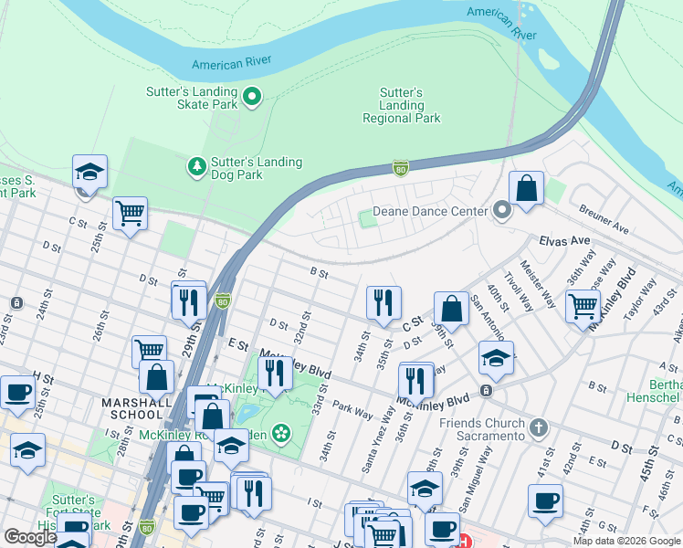 map of restaurants, bars, coffee shops, grocery stores, and more near 3222 Dullanty Way in Sacramento