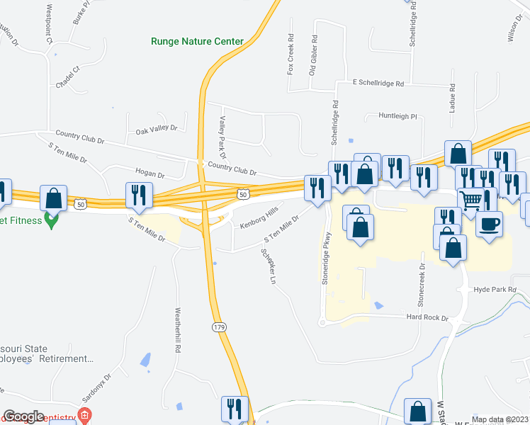map of restaurants, bars, coffee shops, grocery stores, and more near 2816 Kenborg Hills in Jefferson City