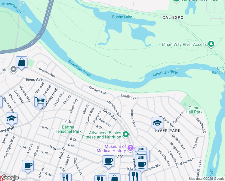 map of restaurants, bars, coffee shops, grocery stores, and more near 5105 Sandburg Drive in Sacramento