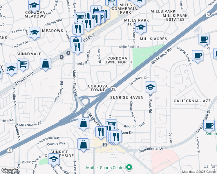 map of restaurants, bars, coffee shops, grocery stores, and more near 3079 Ramsgate Way in Rancho Cordova